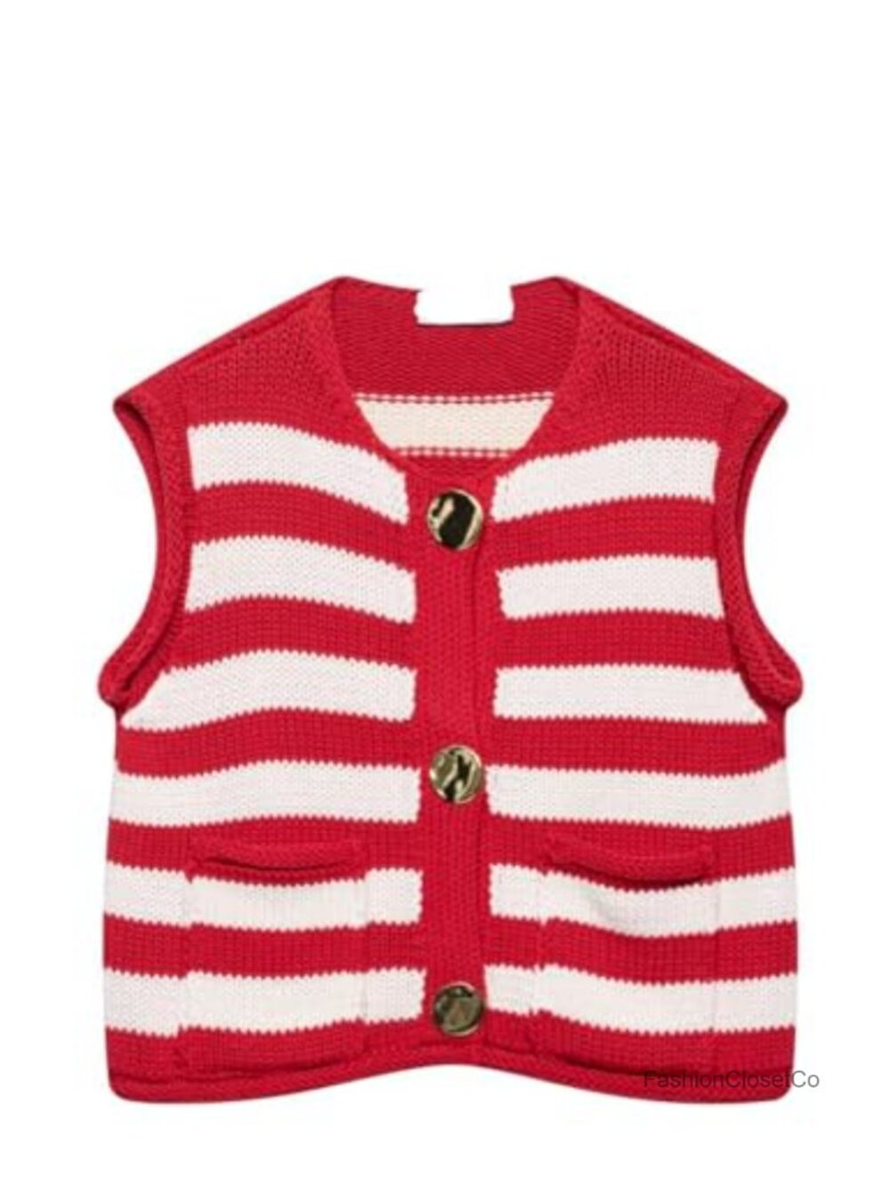 Striped Cropped Sweater Vest Knit Sleeveless Button Down Crew Neck with Pockets